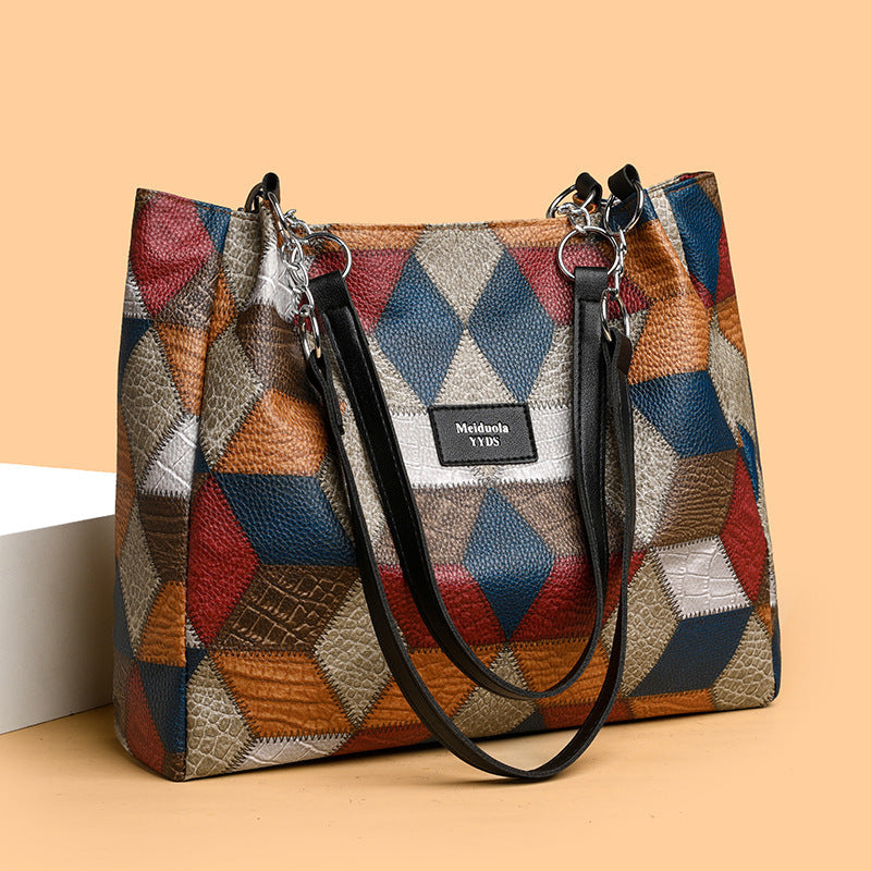 Retro Geometric Pattern Color-matching Shoulder Bag Fashion Large Capacity Stitching Handbag For Women Totes - MAGM Enterprises LLC