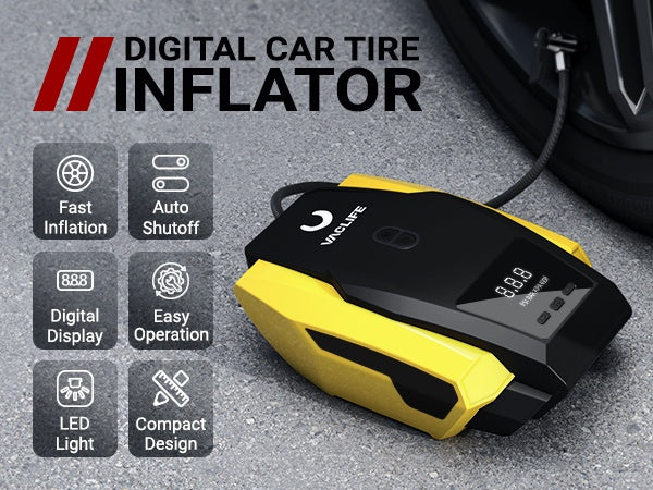 VacLife Air Compressor Tire Inflator, DC 12V Portable Air Compressor For Car Tires, Auto Tire Pump With LED Light, Digital Air Pump For Car Tires, Bicycles And Other Inflatables - MAGM Enterprises LLC