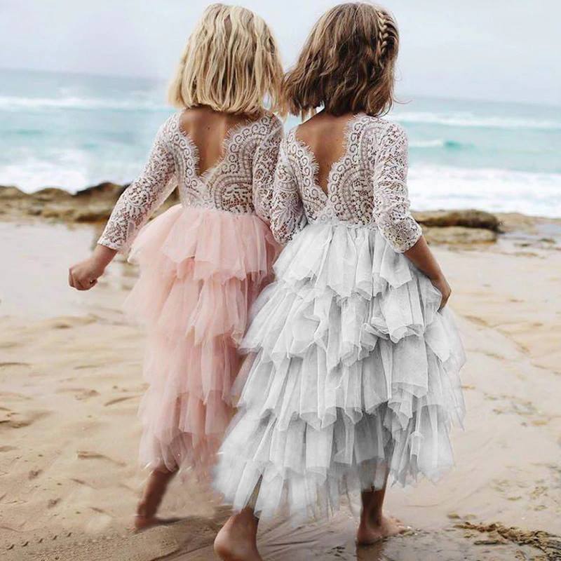 Autumn And Winter Explosions Hollow Children's Skirt Lace Long-sleeved Girls White Princess Dress Irregular Dress - for Girls - MAGM Enterprises LLC