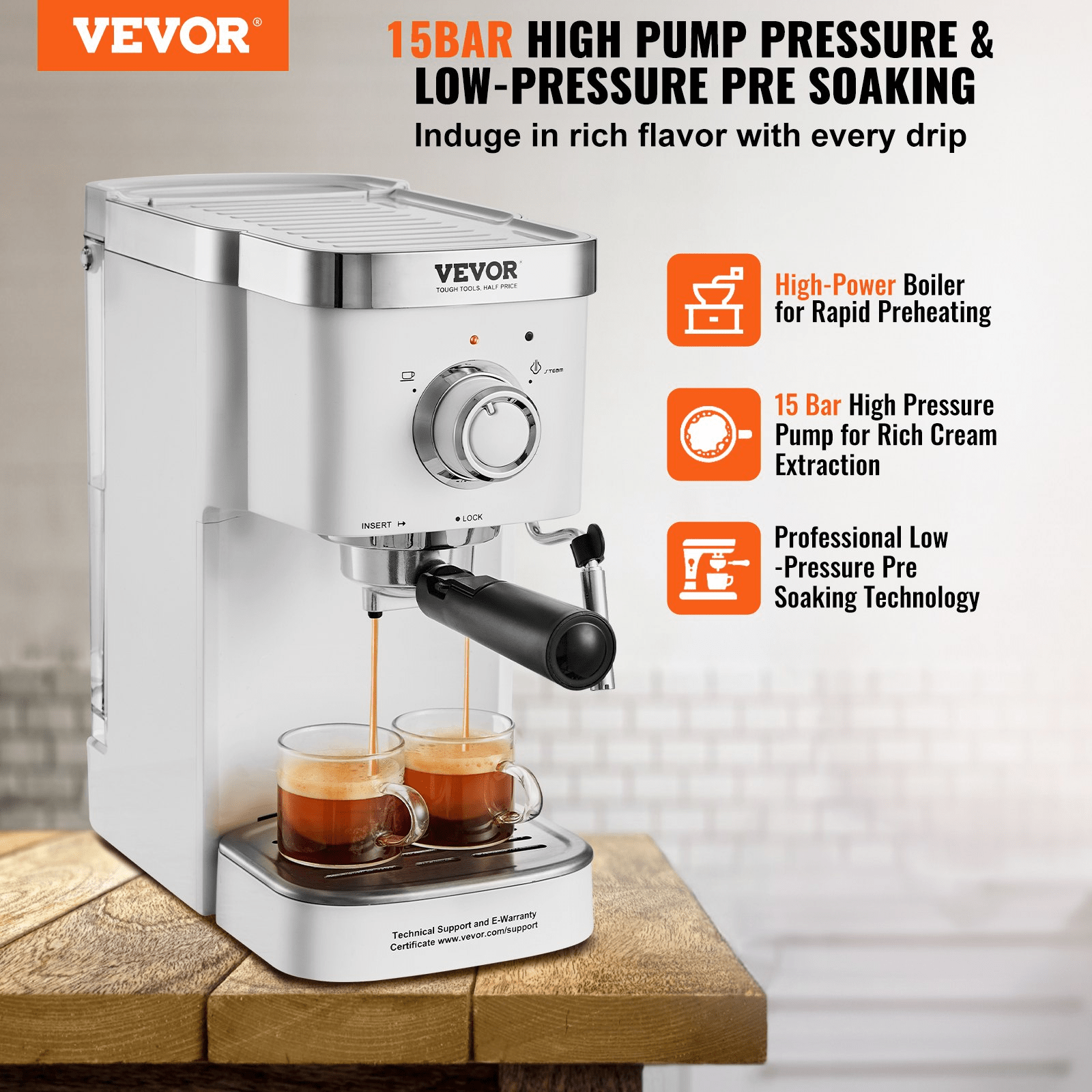 VEVOR Espresso Coffee Machine, 15Bar Semi-Automatic Espresso Maker - MAGM Enterprises LLC