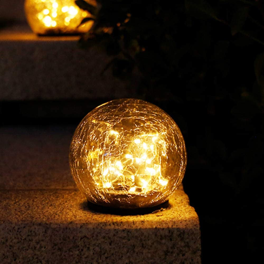 2Pcs Solar Lights Outdoor Garden Decor Cracked Glass Ball Warm Lights - Mag Max Mart