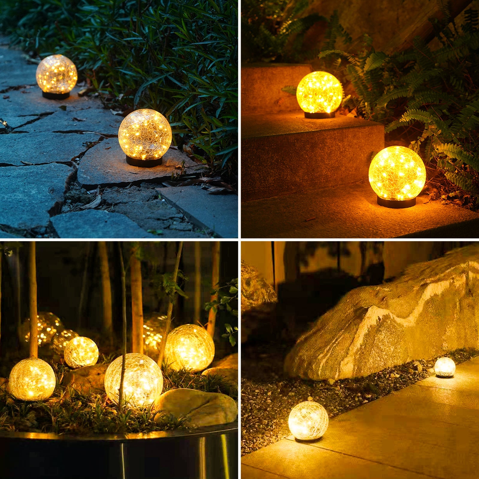 2Pcs Solar Lights Outdoor Garden Decor Cracked Glass Ball Warm Lights - Mag Max Mart