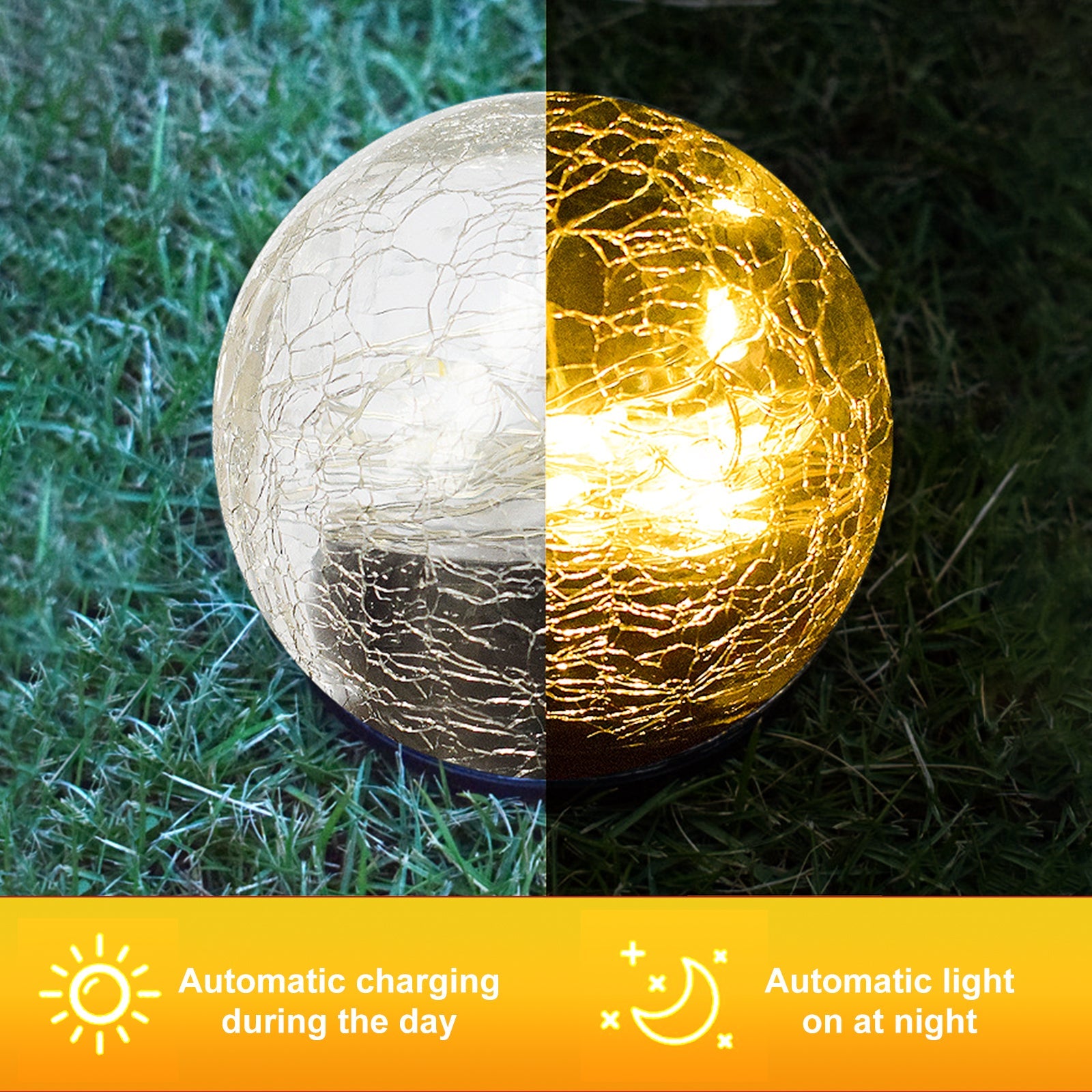 2Pcs Solar Lights Outdoor Garden Decor Cracked Glass Ball Warm Lights - Mag Max Mart