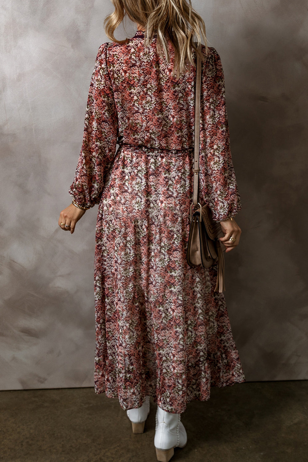 Brown Floral Print Split Front Tiered Frilled V Neck Midi Dress - MAGM Enterprises LLC