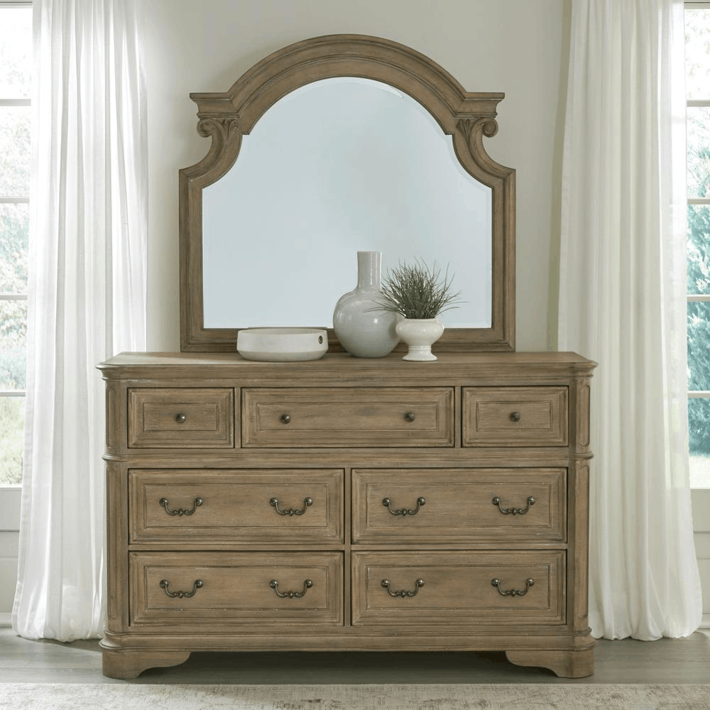 Magnolia Manor King Uph Bed, Dresser & Mirror, Night Stand - MAGM Enterprises LLC