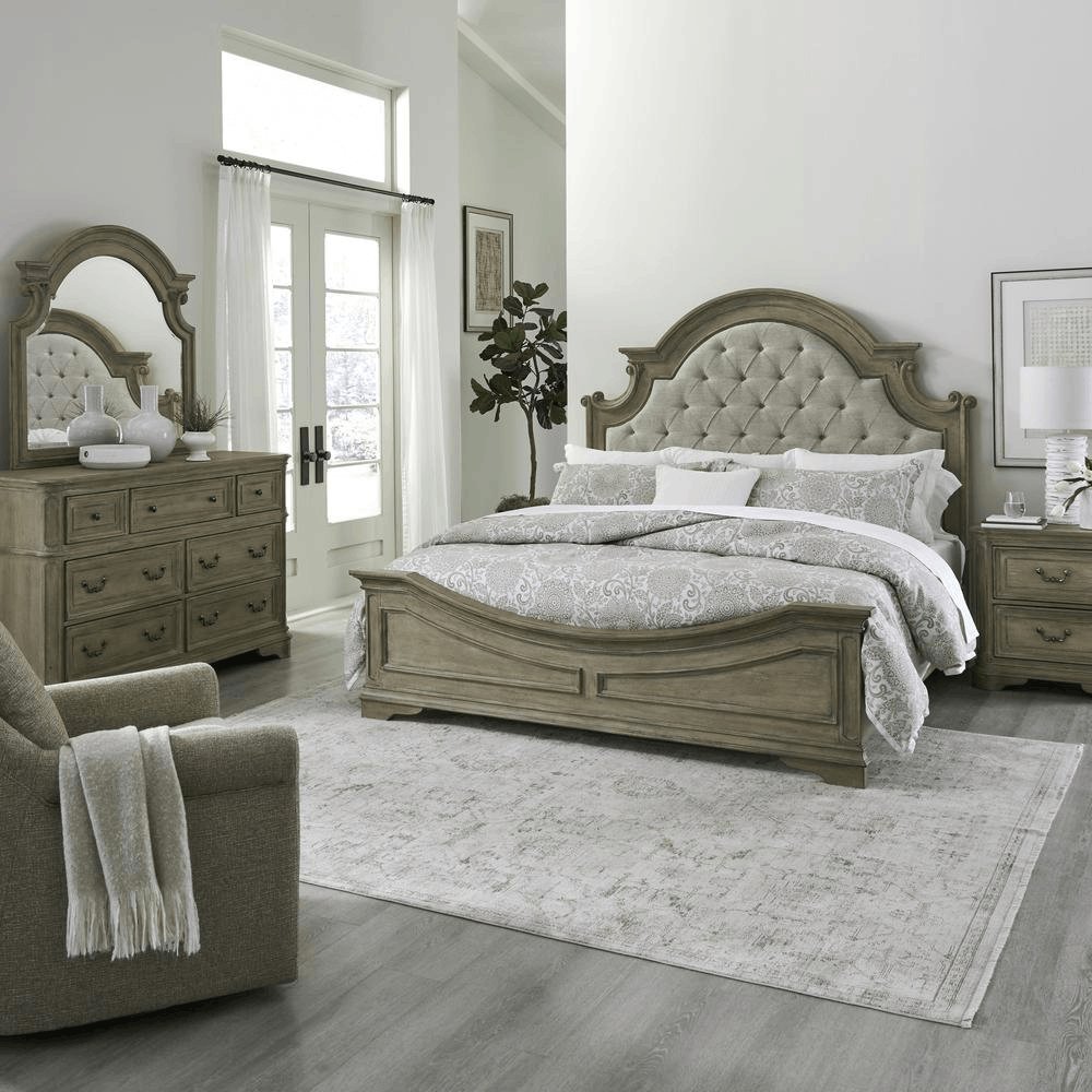 Magnolia Manor King Uph Bed, Dresser & Mirror, Night Stand - MAGM Enterprises LLC