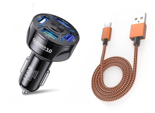 QC 3.0 4-Port LED Car Charger & 10FT Orange Nylon iPhone Cable Combo - Mag Max Mart